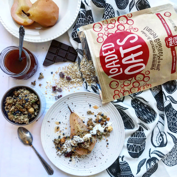 LOADED OATS RECIPE | Chai Spiced Poached Pears with Dark Chocolate Muesli